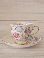 Vintage Tuscan Fine Bone China Cup and Saucer. Pink Background. Gold Trim. VGC.