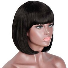 Women Black Short Bob Wigs Straight Natural Hair With Fringe for Daily Party NEW