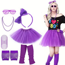 7pcs 80s Women Retro Costume Set Tutu Skirt Gloves Glasses Headband Party Wear