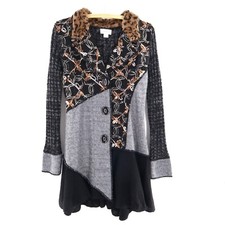 Kamana Wool Cardigan Womens M Gray Boho Mixed Media Funky Leopard Art To Wear