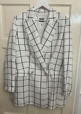 Ladies Marks And Spencer Ivory Check Linen Long Jacket Blazer Size 16 Lined 