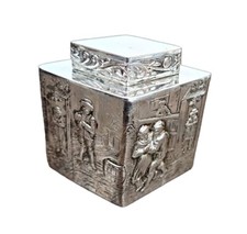 Antique English Silver Plate Diamond Form Chased Tea Caddy Etched Decorative 