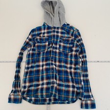 QUIKSILVER Shirt Large Blue Boys Check Flannel Button Up Cotton Lumberjack Hood