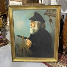 Vintage  Oil Painting On Canvas Ship Captain Wheel Signed Kim Benson