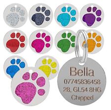 Dog Cat Pet Tag Personalised Engraved Collar ID Tags 25mm Glitter Paw Print 