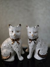 Pair of Antique Staffordshire Mantle Cats White & Gold Collectors