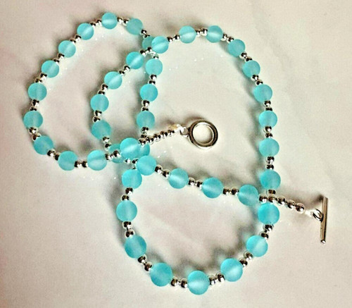 Blue frosted glass - round, bead