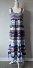 Zara Smocked Striped Boho Midi Dress Linen Cotton Blend Tassel Fringe Size Small