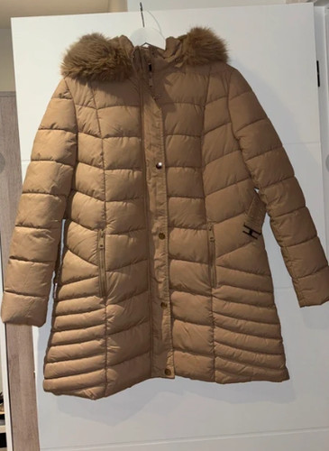 Camel belted puffer coat - belted,