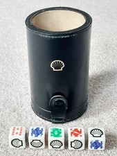 Vintage Shell Oil Poker Dice & Leather Shaker Cup Set, Collectable Antique Rare