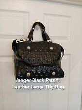 Jaeger Large Iconic Tilly Quilted Black Patent Leather Handbag Tote Bag Silver