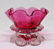 ANTIQUE CRANBERRY GLASS FOOTED SALT with CLEAR APPLIED GLASS .