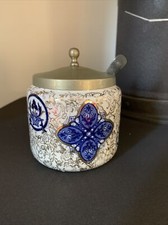 Newport Pottery Burslem Khiva pattern preserve pot EPNS metal lid and spoon.