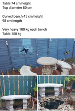 Large Stone Garden Furniture Table and Two Curved Benches Seat Chairs Concrete