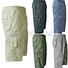 Mens Elasticated 3/4 Lightweight Cargo Combat Pockets Cotton Plain Shorts Pants