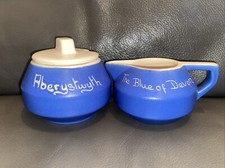 VINTAGE Aberystwyth etc Devonmoor Pottery Blue/Cream Pot, Lid & Jug, ex con
