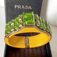 PRADA Saffiano Leather  Large Green Crystals Bracelet Bangle Excellent Condition