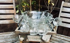 Vintage Glass Punch Bowl Set – Grape & Vine Pattern with 11 Cups, Hooks & Ladle