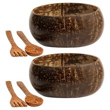 Wooden Serving Set of - 2 Jumbo 900ml Coconut Shell Bowls With 2 Spoon & 2 Fork