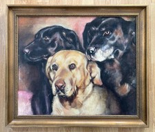Vintage Oil Painting Dogs Portraits On Board 1975 Signed Framed Large 74cm