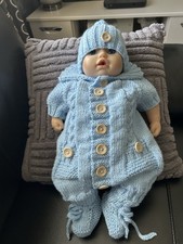 Hand Knitted Blue Baby Boys Romper Hat & Bootees Outfit 0-3 Months