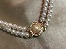 VINTAGE Double Strand Pearl Necklace Choker Collier Pearl Diamante Front #5