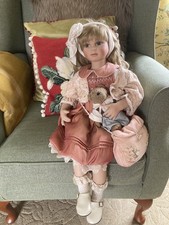 Large Reproduction Antique Style Porcelain Doll Original Dress Sitting Position