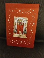 3D puppy with Christmas tree's on patterned card. 6 X 4 inch