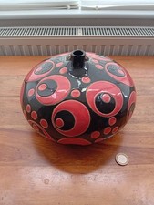 Large Modern Round Ceramic Vase. Red & Black Glazed Circular Pattern. Bulbous.