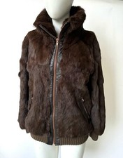 Brown Real Mink Fur Wool Rib Cuffs & Hem Bomber Jacket Size UK 10 - 12 *VINTAGE*