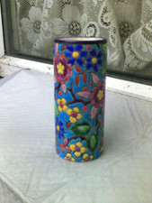 Beautiful  Antique French  Emaux De Longwy  Enameled Faience Floral Vase 19th C