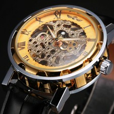 Transparent Mens Mechanical Hand Wind up Skeleton Leather Strap Steampunk Watch