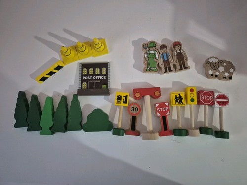 Wooden train road signs - signs, bushes