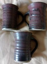 X 3 Studio Pottery Mugs Rustic Purplish Red Colour Unknown Maker