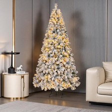 6/8Ft LED Snow Flocking Christmas Tree Bushy Xmas Tree Warm Light with Control