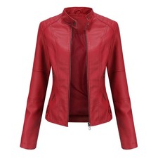 Women Biker Jacket Slim Ladies Faux Leather Zip Stand-up Collar Outerwear UKSize