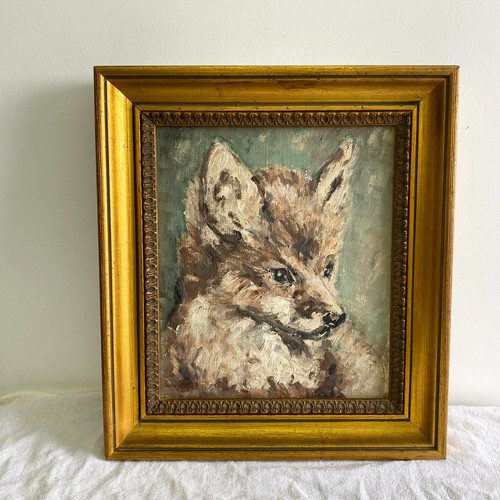Antique oil painting fox cub - antique,