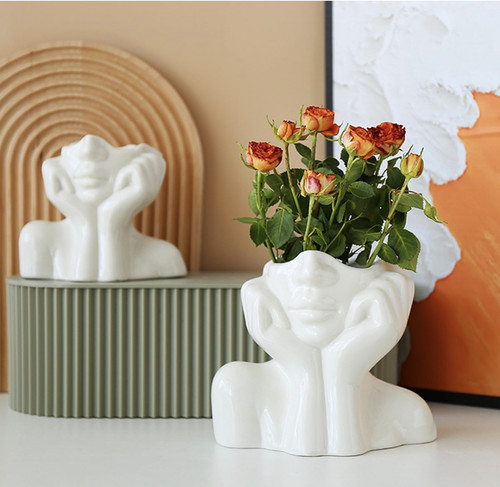 Ceramic face vase - vase,, white
