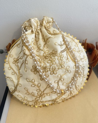 Golden cream embroidered - embroidered, potli