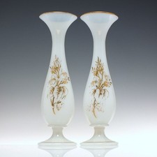 Pair Victorian White Opaline Gilded Vases c1860
