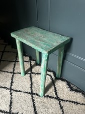 Vintage Indian Wooden Primitive Rustic Chalky Green Boat Ship Stool Seat Stool
