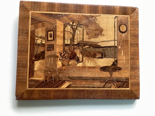 Wood marquetry scene inside - wood,