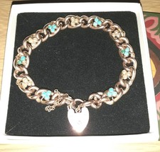 BEAUTIFUL ANTIQUE 9 CT ROSE GOLD TURQUOISE & SEED PEARL CURB LINK PADLOCK BRACEL