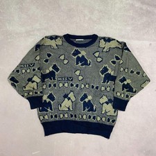 Vintage Knitted Jumper Abstract Dog Patterned Chunky Knit Sweater Women's 12