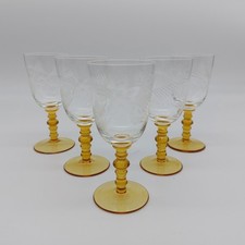 Amber Stem Cordial Liqueur Glasses x5 Etched Flower Pattern 70ml 10cm Height