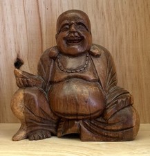 Chinese Laughing Budai Sitting Buddha Wooden Statue 10cm’s
