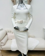Karen Millen stretch cream bandage figure form belted midi dress 10-12 RRP 129