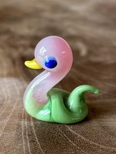 Vintage Miniature Whitby Lucky Duck Art Glass Figurine, Pink & Green Colour.