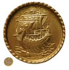 Embossed brass plate Sailing ship Vintage wall plaque 6.5 inches Home decor
