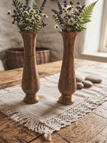 Vintage pair etched brass - brass, bud